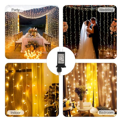 300 LED Curtain Lights Plug-in Fairy Curtain Lights with 8 Modes, Connectable Indoor/Outdoor for Christmas Decorations, Weddings, Walls, Windows, Parties，Warm White