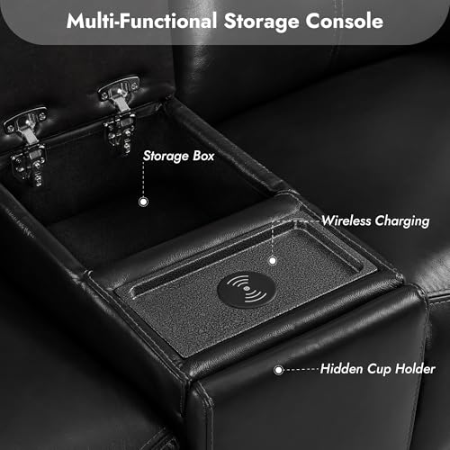 Watson & Whitely Wall Hugger Power Reclining Sofa with Console, Black | Genuine Leather Recliner Sofa, Power Headrests, Center Storage Console, Cup Holders, 3-Seater Couch, Living Room & RV - color: Black, style: 3 Seater Sofa (with console)