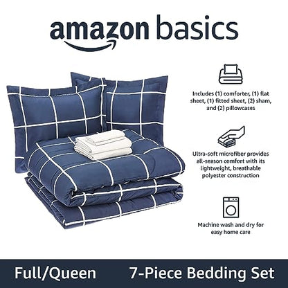 Amazon Basics Lightweight Microfiber Comforter Set with Sheets, 7-Piece, Bed-In-A-Bag, Full/Queen, Navy with Grey Plaid, Machine Washable - color: Navy and Grey Plaid, size: Full/Queen, style: 1-Pack