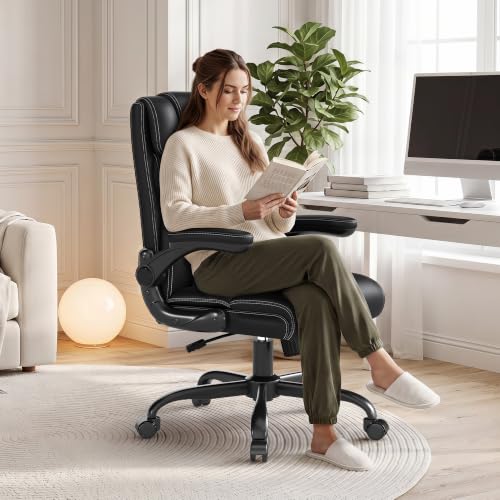 Office Chair, Executive Mid-Back Computer Desk Chair with Flip-up Armrests | 300 Lbs Ergonomic Leather Swivel PC Chair with Rock Function for Working Studying (Black) - color: Black