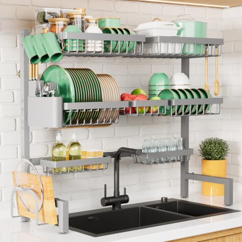 Kitsure Adjustable Over The Sink Dish Drying Rack, 31.5" -39.4" x 30.3" | Sink Drying Rack for Kitchen Sink, Dish Rack Over Sink with Cutlery & Utensil Holders, Kitchen Storage, Grey - color: Gray, size: X-Large