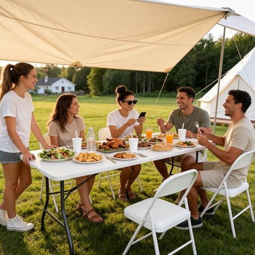 Folding Dining Table Set for 6, 6FT Foldable Plastic Table with Carrying Handle & 6 PU Leather Padded Folding Chairs, Portable Table and Chairs Set for Indoor Outdoor, Party, Wedding, Picnic, Camping - color: White, size: 6FT