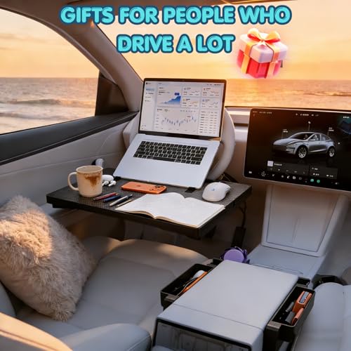 2-in-1 Car Steering Wheel Desk & Seat Gap Organizer Filler Tray | Foldable Adjustable Height Car Desk for Laptop Computer Tablet, Eating - Portable Table for Car Workstation Truck SUV Tesla