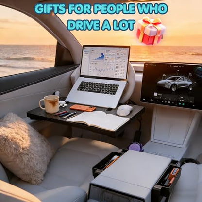2-in-1 Car Steering Wheel Desk & Seat Gap Organizer Filler Tray | Foldable Adjustable Height Car Desk for Laptop Computer Tablet, Eating - Portable Table for Car Workstation Truck SUV Tesla
