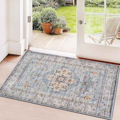 Washable Hallway Runner Rug 2x3: Living Room Rug Farmhouse Distressed Mat | Non Slip Runner Rugs with Rubber Backing Blue- Soft Kitchen Rug - Farmhouse Distressed Carpet Runner for Bedroom Bathroom - color: Blue, size: 2' x 3' (Rectangular)