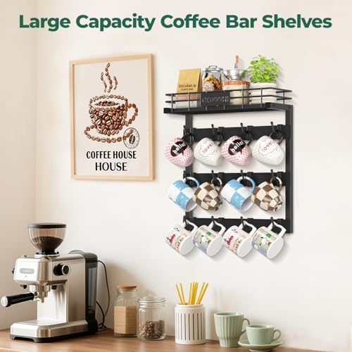 EsLuker.ly Coffee Mug Holder Cup Hanger Wall Mounted Display Rack | Metal Organizer with 12 Movable Plastic Hooks, Wood Rustic Shelf for Coffee Bar Home Kitchen, Thoughtful Wall Storage, Black - style: 12 Movable Hooks Black Style
