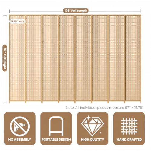 8 Panel Bamboo Room Divider, Folding Privacy Screen, Natural | Pine wood frame, dual-action stainless steel hinges, 5.6FT tall, extends to 126 inches wide, no assembly - color: Natural, size: 8 Panel