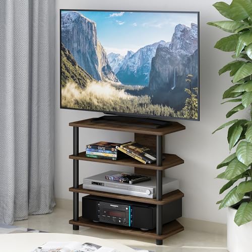 Furinno Turn-N-Tube Easy Assembly 4-Tier Petite Entertainment Center / TV Stand / TV Unit / TV Desk, Columbia Walnut/Black | Petite Entertainment Center, Open Frame Console, For TV up to 32 Inch, Easy Assembly, For Living Room, Bedroom - color: Columbia W