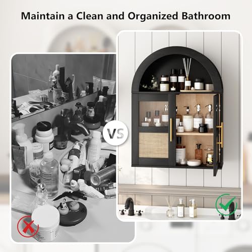 RUSTOWN Arched Bathroom Wall Cabinet with 2 Glass & Rattan Doors | Rattan Medicine Cabinet, Farmhouse Over the Toilet Storage Cabinet, Adjustable Shelves, 3-Tier Wall Mounted Cabinets - color: Rustic Black