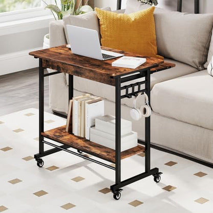 GIANTEX Rolling Computer Desk, Mobile Portable Desk with Keyboard Tray & Wheels, Laptop PC Table Cart with Shelf & Hooks, Industrial Small Desk for Small Spaces, Home Office, Bedroom, Rustic Brown - color: Rustic Brown