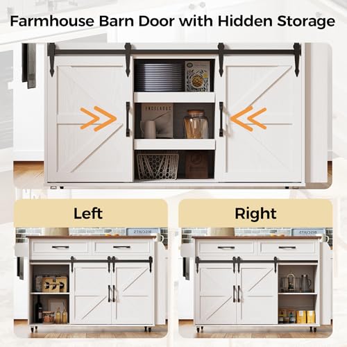 IRONCK Kitchen Island with Storage, Rolling Kitchen Island Cart with Drop Leaf Countertop and Pull-Out Shelf, Barn Doors, for Dining Room, Home Bar, White