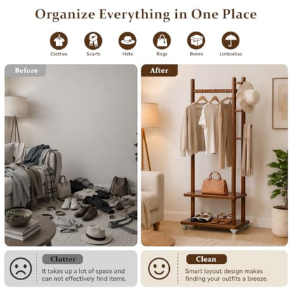 Coat Rack Freestanding Wood Garment Rack 2 Shelves 5 Hooks | Bedroom hallway entryway living room hotel, durable wood construction, mobile wheel design, coats clothes bags storage - size: Walnut-S :18.9''L×13''W×71''H (With Wheels）