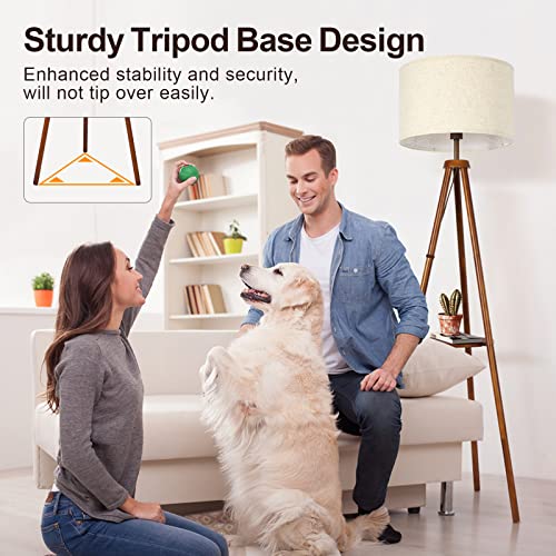 OUTON Wood Tripod Floor Lamp with Shelves, Mid Century LED Modern Dimmable Floor Lamp with Remote Control, Sturdy Tall Standing Lamp with Beige Linen Texture Shade for Living Room, Bedroom, Office - color: Walnut
