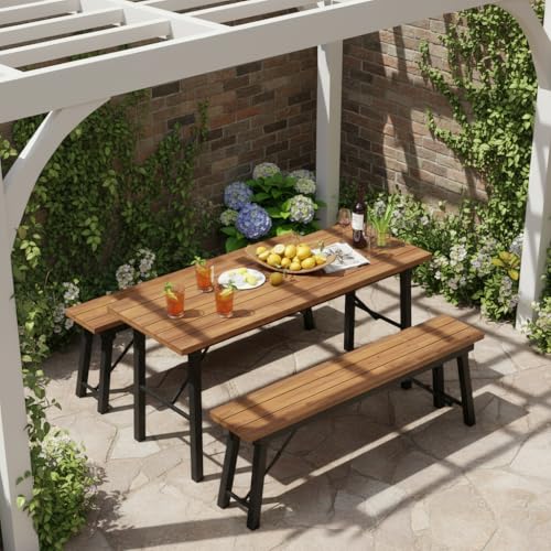 Tangkula 59" Narrow Outdoor Dining Table for 4-6, No Assembly Foldable Patio Dining Table with Acacia Wood Top & Heavy Duty Metal Frame, Portable Table for Yard, Garden, Poolside or Indoor (Natural)