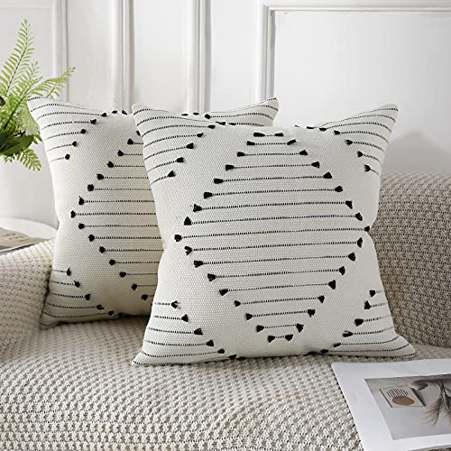 PANOD Set of 2 Boho Tufted Throw Pillow Covers with Tassel 18x18 inch, Decorative Indoor Outdoor Bohemian Square Cushion case Pillowcase for Couch Sofa Livingroom car Farmhouse Black and Cream White - color: Ivory, size: 18" x 18" (Pack of 2)