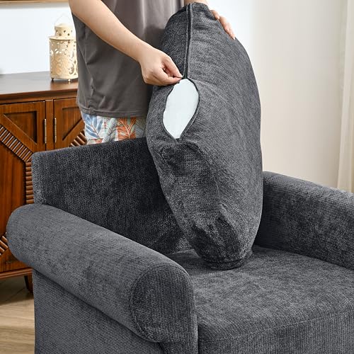 Eafurn Modern Chenille Accent Chair with Ottoman for Small Space, Comfy Upholstered Reading Chairs Lounge Armchair with Foot Rest, Sturdy Solid Wood Frame for Living Room - color: Gray 37.5"