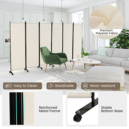 NAFORT 6 Panel Folding Room Divider for Room Separation, Freestanding Privacy Screen with Lockable Universal Wheels, Fabric Wall Partition Screen for Living Room, Bedroom, Office, White - color: White