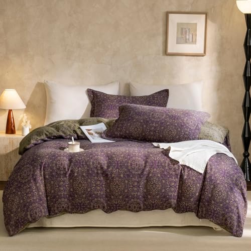 VM VOUGEMARKET Full Duvet Cover Set Purple Green Floral Pattern,3 Pieces Reversible Boho Medallion Jacquard Flower Bedding Set,Linen Cotton Yarn-Dyed Textured Duvet Cover with Zipper Closure - color: 01- Jacquard - Purple Green, size: Full
