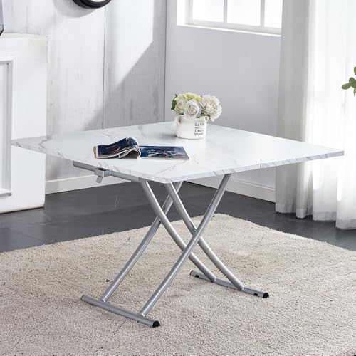 Adjustable Height Coffee Table, Folding Dining Table, White&Sliver | Convertible lift top table for use as a coffee table, dining table, home office desk or vanity - color: White & Sliver Legs