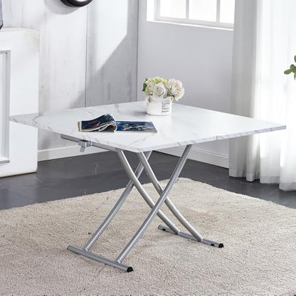 Adjustable Height Coffee Table, Folding Dining Table, White&Sliver | Convertible lift top table for use as a coffee table, dining table, home office desk or vanity - color: White & Sliver Legs