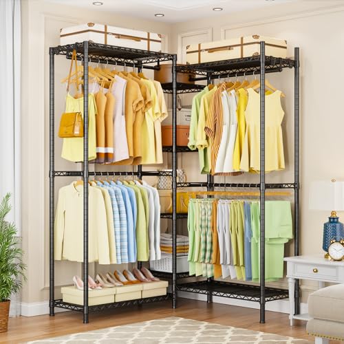 E4 Clothes Rack, Heavy-Duty Garment Rack Can Be L-Shaped Closet, Black | Metal Freestanding Clothing Organization Storage System with Shelves and Hangers, Load 962lbs - color: Black