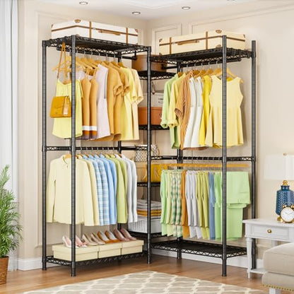 E4 Clothes Rack, Heavy-Duty Garment Rack Can Be L-Shaped Closet, Black | Metal Freestanding Clothing Organization Storage System with Shelves and Hangers, Load 962lbs - color: Black