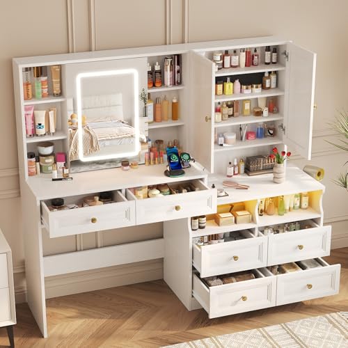 Vabches 58.6" Large Vanity Desk with Sliding Mirror & Lights, White | Makeup Vanity Table & Nightstand Combo with Power Outlet and 6 Drawers 15 Shelves with Light Strips for Bedroom
