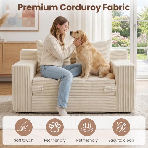 Boneless Mini Couch 53 Inch, 3 -in-1 Beige Boneless Couches Covertible Sofa Bed with 4 Pillows, Small Couches for Living Room, Bedroom, Small Space - color: Beige, size: 53 Inch