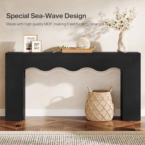 Tribesigns 63" Farmhouse Console Table with Wavy Edge | Wooden Couch Table Behind Sofa with Storage; Long Entryway Sofa Station; Narrow Hallway Stand for Entryway, Living Room - color: Black