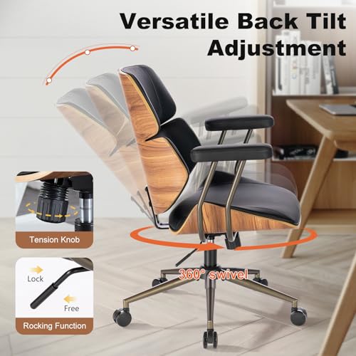 Mid Century Walnut Bentwood PU Leather Office Chair with Arms, Black | Curved walnut bentwood back & seat; removable armrests; PU leather upholstery; swivel & rolling; for home office & study - color: Black, size: 2-Section Back / No Headrest