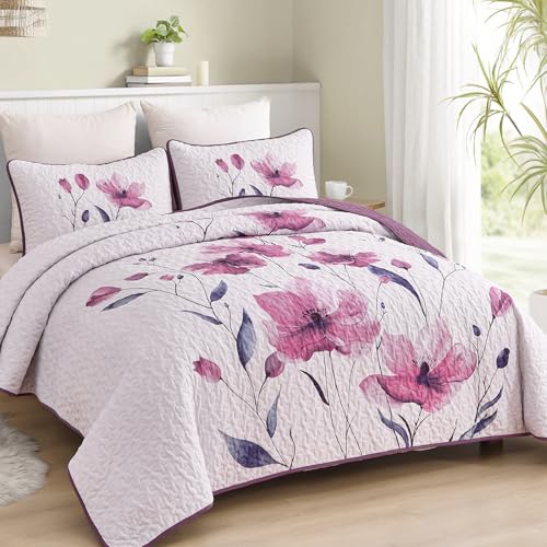 Mybedsoul Floral Quilt Set Queen Size, 3 Pieces Rose Pink Bedspread Coverlet Set, Lightweight Farmhouse Botanical Bedding Set for Fall Winter All Season(96"x90") - color: Rose Pink, size: Queen96"x90"