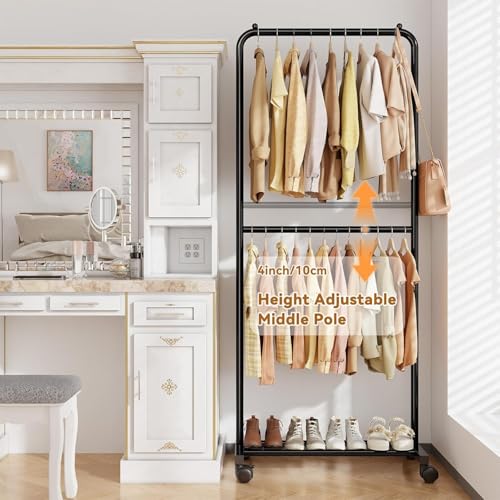 Standard Clothes Garment Rack, Portable Double Clothing Rack with Wheels and Bottom Shelf, Rolling Wardrobe Rack for Bedroom, Laundry Room, Black