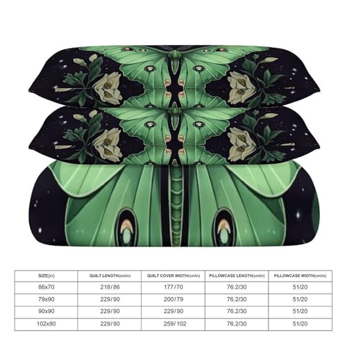 Boho Green Moth Moon 3 Piece Reversible Bedding Set 86"x70",Double Sided Brushed Microfiber Duvet Cover Set with 2 Pillowcases Soft Breathable Comforter Cover for Home - color: Boho Green Moth Moon, size: 86"x70"