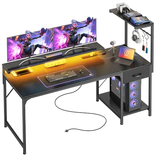 55.1 Inch Gaming Desk with LED Lights & Power Outlets | Computer Desk with Drawer & Storage Shelves, Office Writing Desk with Monitor Stand for Work from Home, Black - color: Black, size: 55.1 Inch
