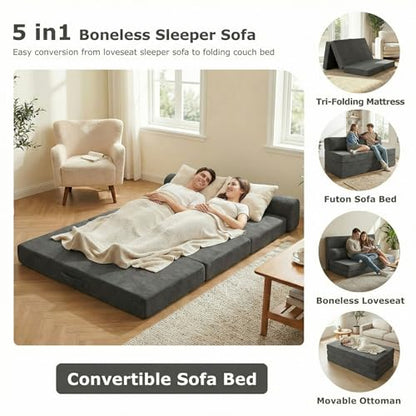 5-in-1 Convertible Sofa Bed, Boneless Loveseat, Tri-fold Futon Sofa Bed with Removable Cushions & Washable Cover, Pull Out Couch with Handle, for Small Spaces, Queen Size, Grey - color: Grey, size: Queen Size-80''L*60''W