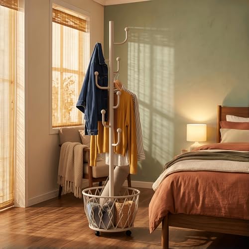 Off-White Moveable Cactus Metal Coat Rack with Basket Freestanding | Modern Organizer for Scarf Jacket Hat Bags Ideal for Home Entryway Bedroom Corner Stable - color: Off-White