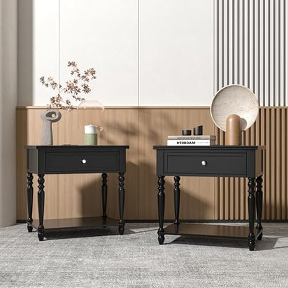 Solid Wood Nightstand with Charging Station, Traditional End Table with Drawers and Open Shelf, Bedside Table with Storage, Modern Side Table for Bedroom, Black - color: Black