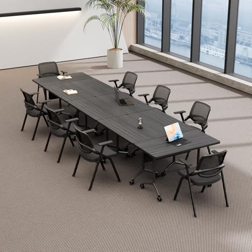 Folding Conference Table with Wheels, Flip Top Folding Conference Room Table for 2-12 Person, Mobile Training & Meeting Room Table, Modular Nesting Office Boardroom Desk with Lockable Casters - color: Ebony, size: 71in