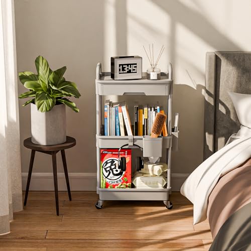 Sorgion 3 Tier Rolling Cart Organizer,Laundry Room Bathroom Organizers and Storage Office Shelves Mobile Shelving Unit Kitchen Trolley Cart with Wheels for Art,Craft,Diaper,Bedside,Snack(Grey) - size: 3Tier-Grey
