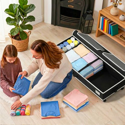 GoMaihe Under Bed Storage with Wheels: 70L Rolling Bins for Wrapping Paper Storage, Toys, Clothes - Includes Mesh Bag & Adjustable Dividers, Metal Frame Easy Pull-out Black 1-Pack - color: Black
