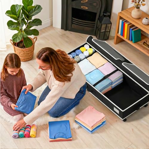 GoMaihe Under Bed Storage with Wheels: 70L Rolling Bins for Wrapping Paper Storage, Toys, Clothes - Includes Mesh Bag & Adjustable Dividers, Metal Frame Easy Pull-out Black 1-Pack - color: Black