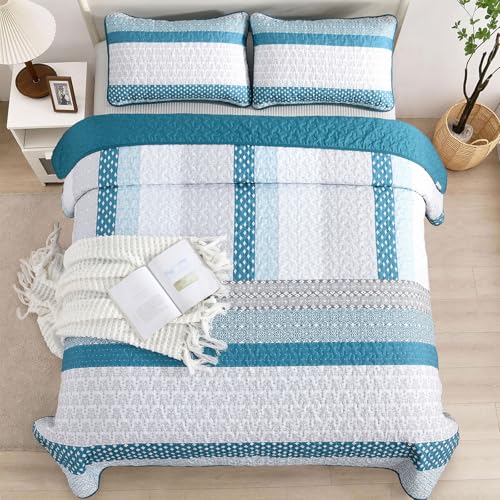 WONGS BEDDING Teal Blue Queen Size Quilt Set, Boho Striped Bedspread | 3 Pieces Ultra Soft Lightweight Bedding Set with 2 Pillow Shams for All Seasons,Reversible Polyester (96"x90") - color: Blue Grey, size: Queen