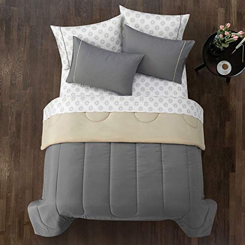 Idea Nuova Casa 7-Piece Solid Reversible Comforter Set with Bonus Sheets, Dark Gray, Queen, 86"x86" - color: Dark Gray, size: Queen