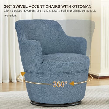 LOULENS Swivel Accent Chair with Storage Ottoman, Blue | Linen, Small, Barrel, Reading Chair, Comfy Single Sofa, Armchair, For Living Room, Bedroom - color: Blue