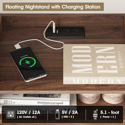 Floating Nightstand Set of 2 Modern Night Stands with Drawer and Open Shelf | Cubby Small Bedside End Table with Charging Station Wall Mounted Nightstands Set 2 for Bedroom Brown Walnut - color: Brown
