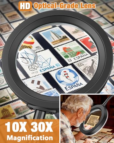 30X 10X Magnifying Glass with Light and Stand, 5 Color Modes Stepless Dimmable, Optical Grade HD Lens, LED Lighted Magnifier Hands Free with 20.5in Flexible Gooseneck for Close Work - Black - color: Black, size: 4.3in-20.5in & Base