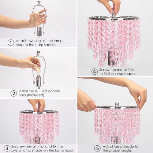 Touch Bedside Lamp with USB C+A Ports, Silver with Pink Crystal Shade | 3-Way Dimmable Crystal Table Lamp, Nightstand Light for Girl Room, Desk Lamp for Bedroom Living Room, B11 LED Bulb Included - color: Pink
