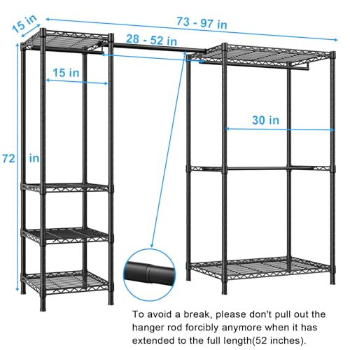 E10 Clothes Rack（With Stretchable Hanger Rod）Freestanding Clothing Racks for Hanging Clothes，Adjustable Closet Organizer System，Portable Garment Rack 73-97"W x 15" D x 72" H，Max Load 800LBS，Black - color: Black