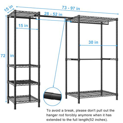 E10 Clothes Rack（With Stretchable Hanger Rod）Freestanding Clothing Racks for Hanging Clothes，Adjustable Closet Organizer System，Portable Garment Rack 73-97"W x 15" D x 72" H，Max Load 800LBS，Black - color: Black