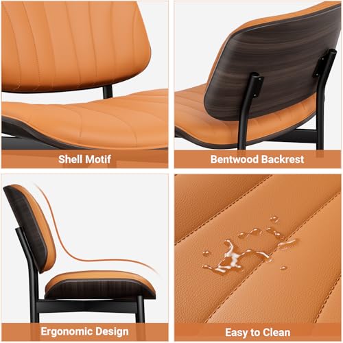 YaFiti Mid Century Dining Chairs Set of 2 with Walnut Bentwood, Orange | Ergonomic Walnut Backrest, Upholstered Waterproof PU Leather Seat, Stable Metal Legs, Adjustable Footpads, Apartment Friendly - color: Orange Scallop
